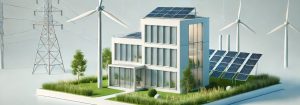 Illustratie van een elektriciteitsmast, een woning met zonnepanelen en windmolens